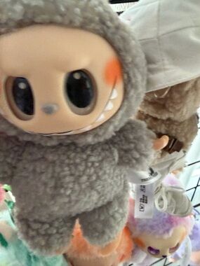 Plush Grey Fuzzy Character Doll - Cute Cheek Accent